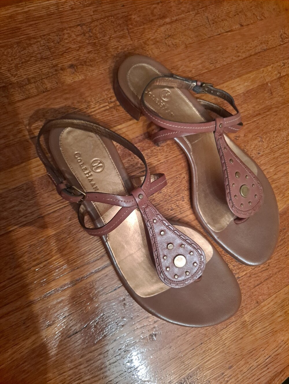 Cole Haan Brown Leather T-Strap Sandals with Stud Accents